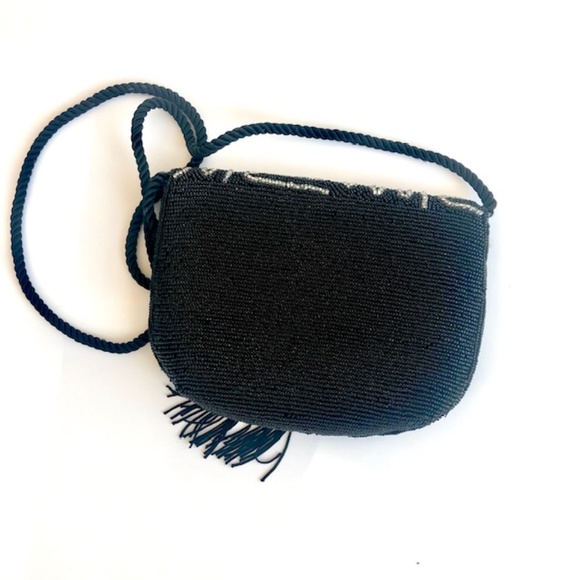 Vintage Lord & Taylor Black & Silver Beaded Crossbody Bag with Tassel - Picture 3 of 5